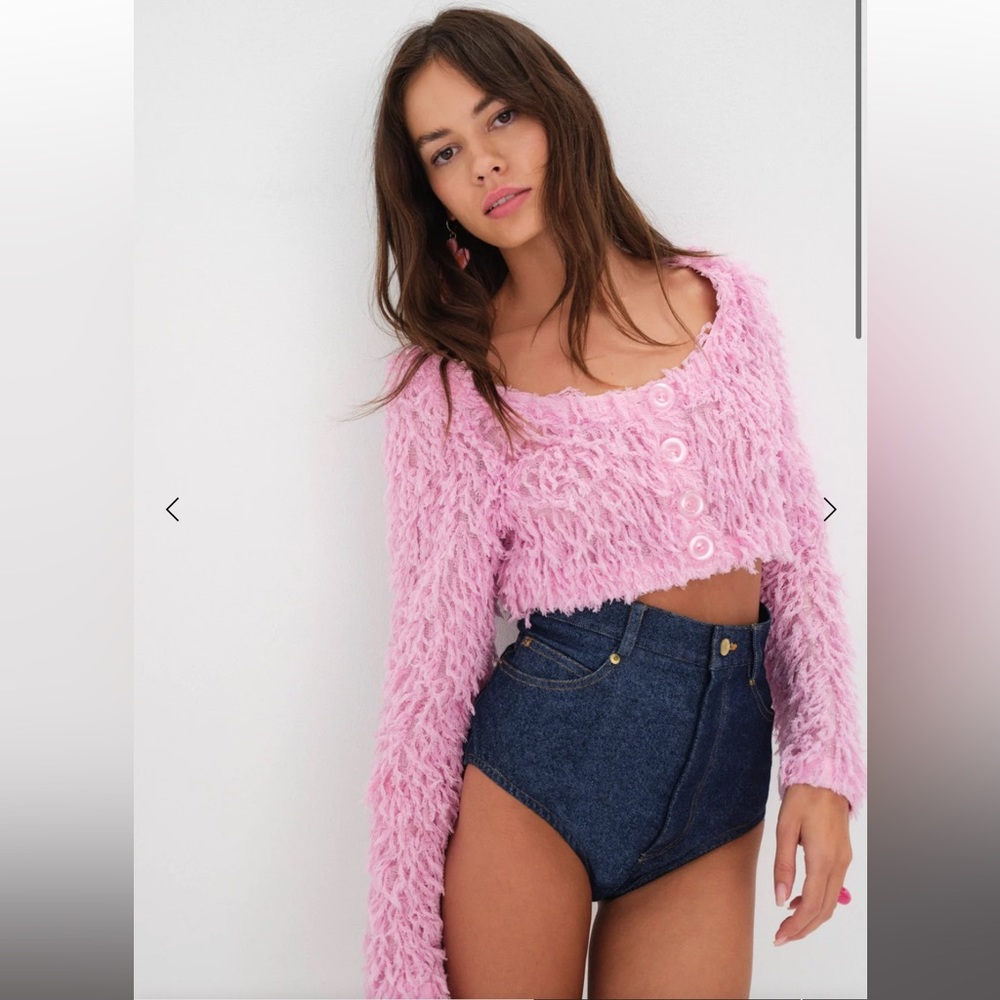 For Love & Lemons June Cropped Cardigan - fuzzy pink S